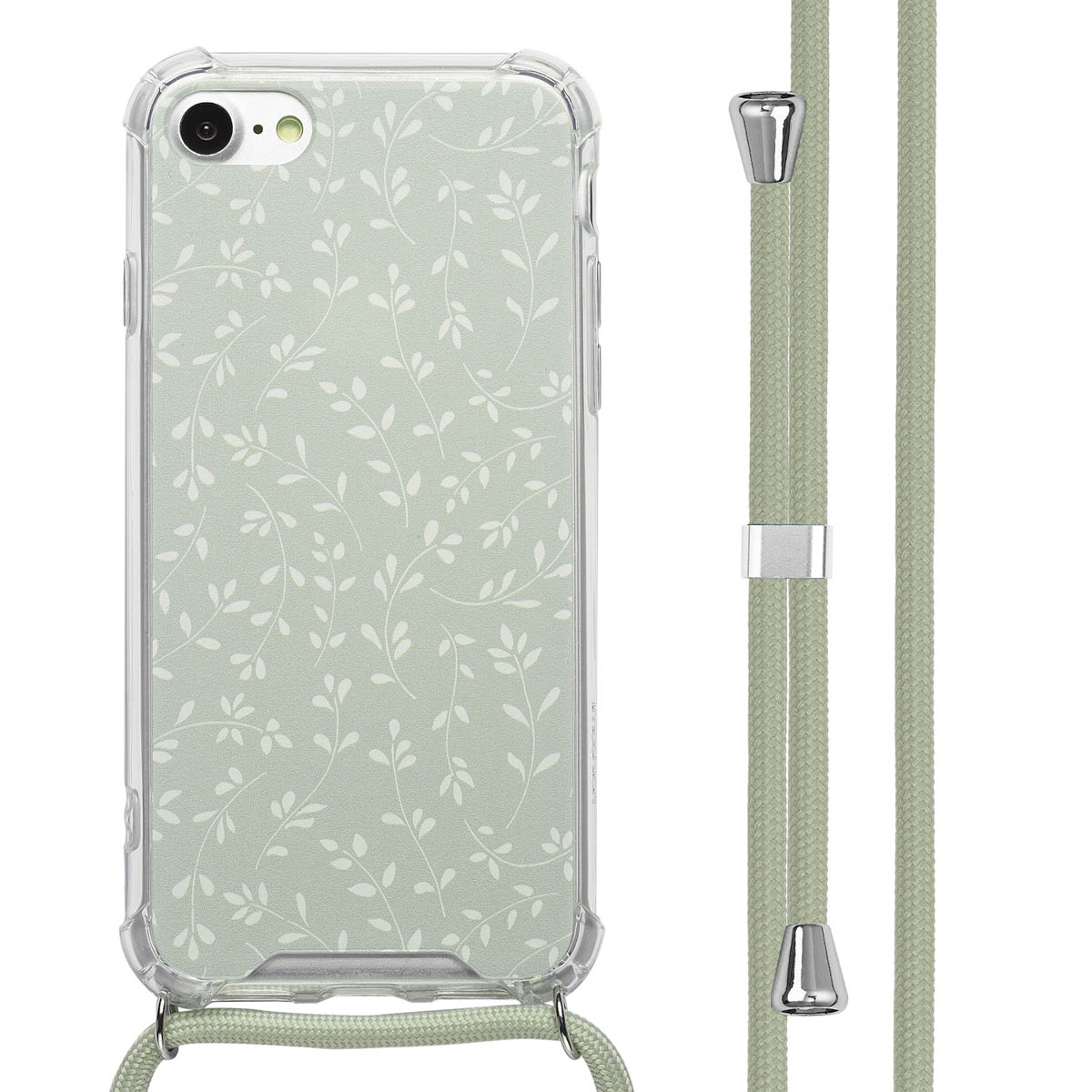 Een telefoonhoesje met een groen bladontwerp. De telefoon hangt aan een groene band.