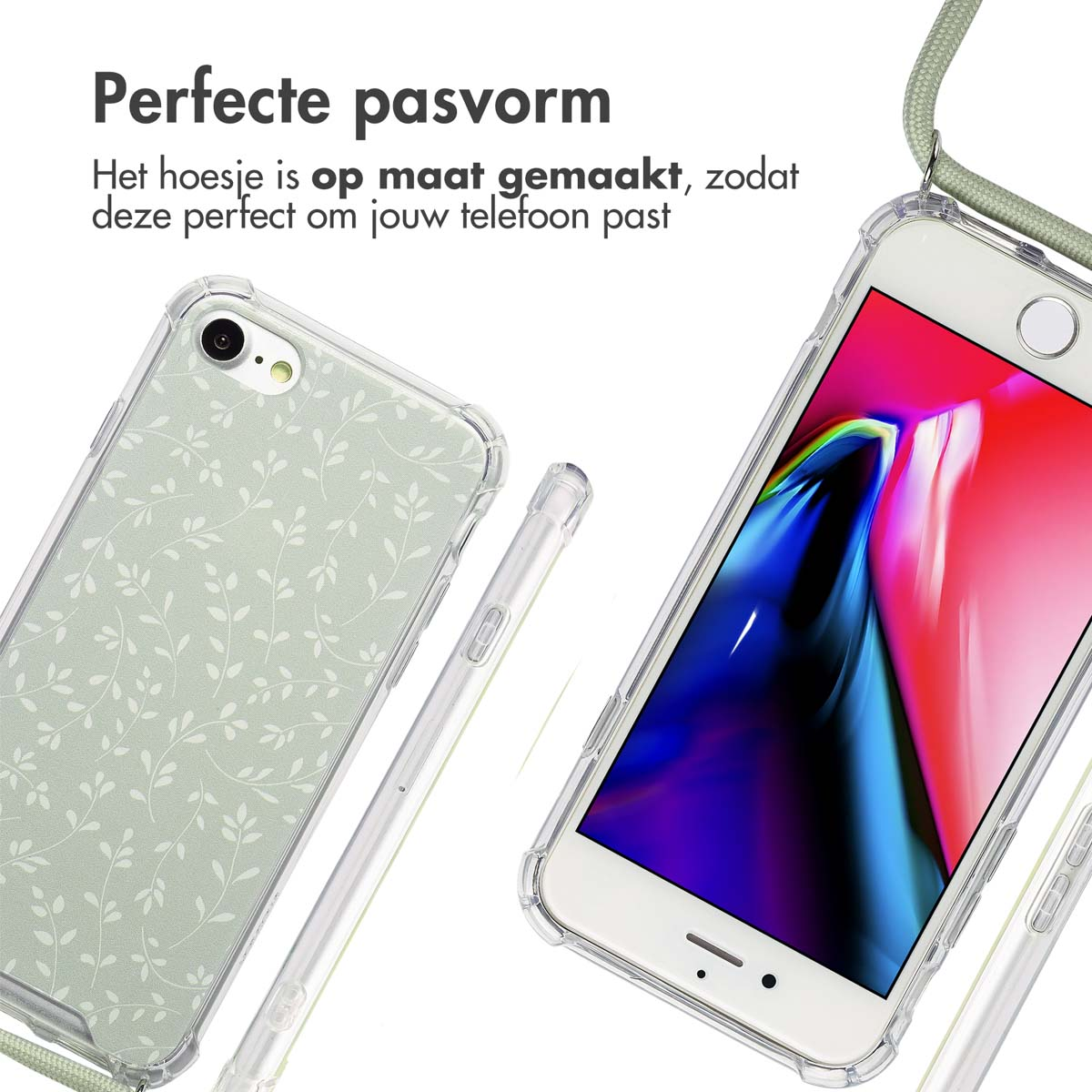 Twee telefoons in doorzichtige hoesjes. Eén heeft een bloemenpatroon, de andere heeft een scherm aan. Tekst: 'Perfecte pasvorm'.