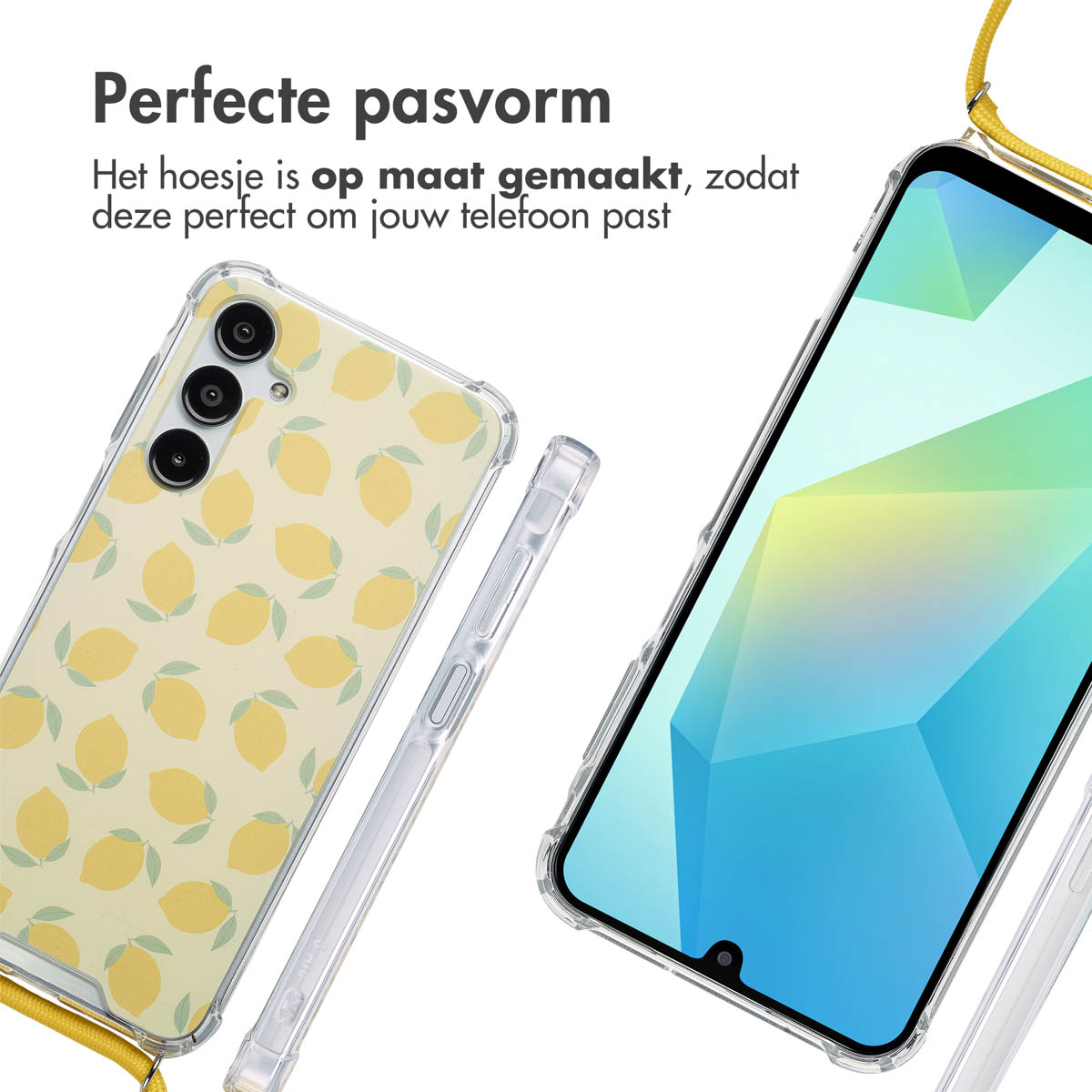 Twee telefoonhoesjes, één met citroenen en de andere met een telefoonscherm. Beide hebben een gele band.