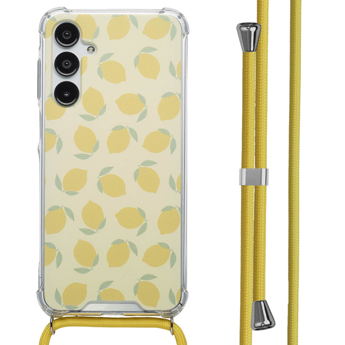 Een telefoon met een citroenpatroonhoesje. De telefoon hangt aan een gele band.
