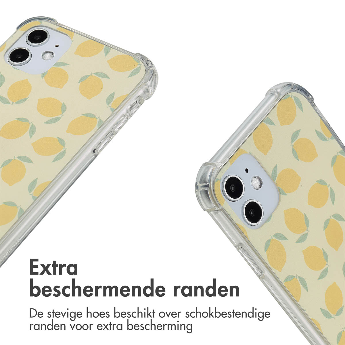 Deux coques de téléphone avec motif citron. Elles ont des bords de protection transparents.