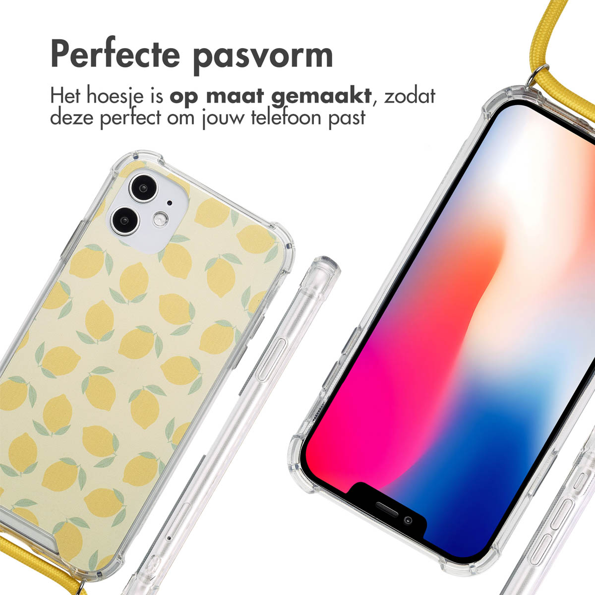 Deux téléphones, un avec une coque citron. Les deux ont des bords de protection clairs.