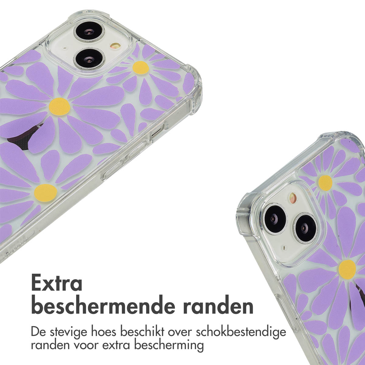 Close-up van twee telefoonhoesjes met madeliefpatronen. De hoesjes zijn transparant met paarse bloemen en gele centra.