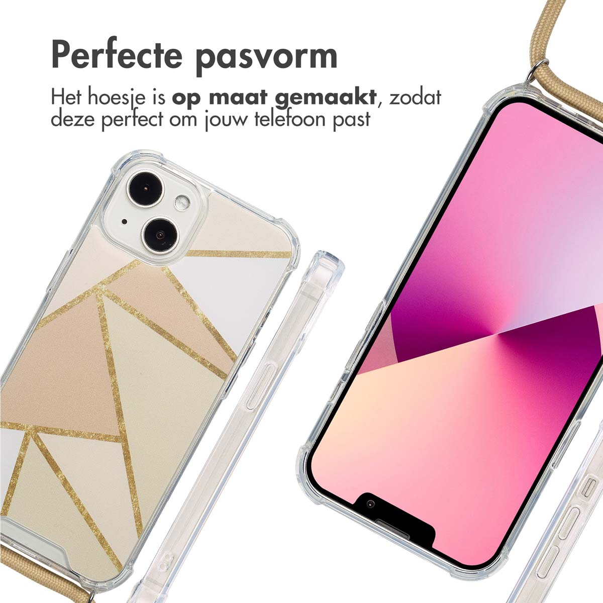 Twee telefoons met hoesjes worden getoond. Eén hoesje heeft een geometrisch ontwerp met gouden lijnen, de andere heeft een roze scherm.