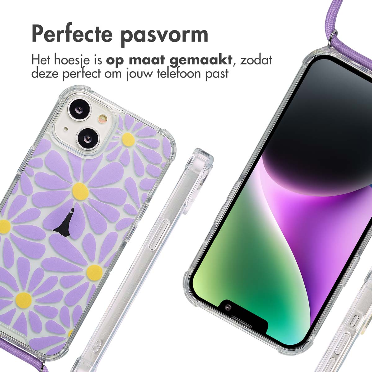 Twee telefoons, één met madeliefjeshoesje. Beide hebben transparante beschermranden.
