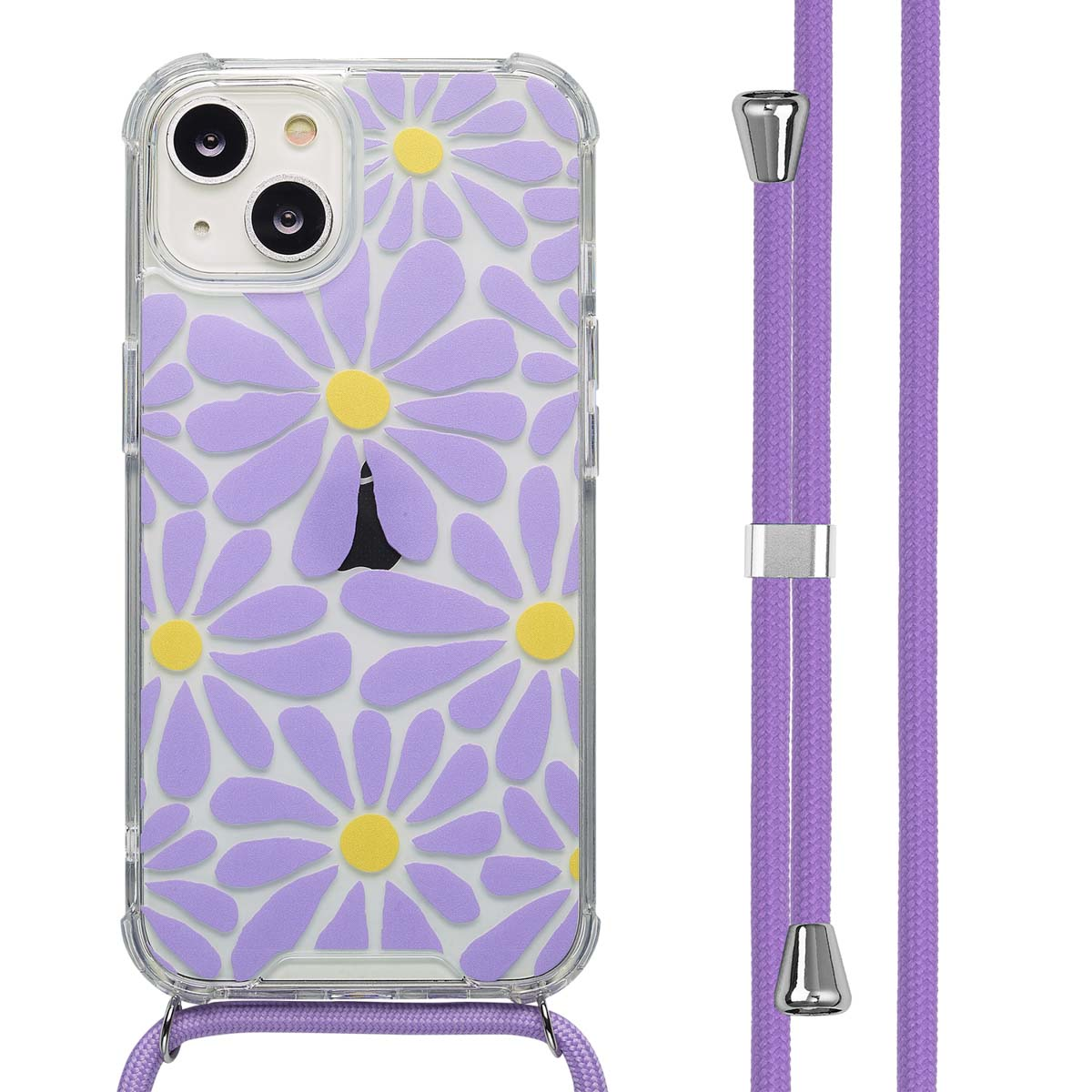 Een telefoonhoesje met paars madeliefontwerp en een paarse band. De camera van de telefoon is zichtbaar.