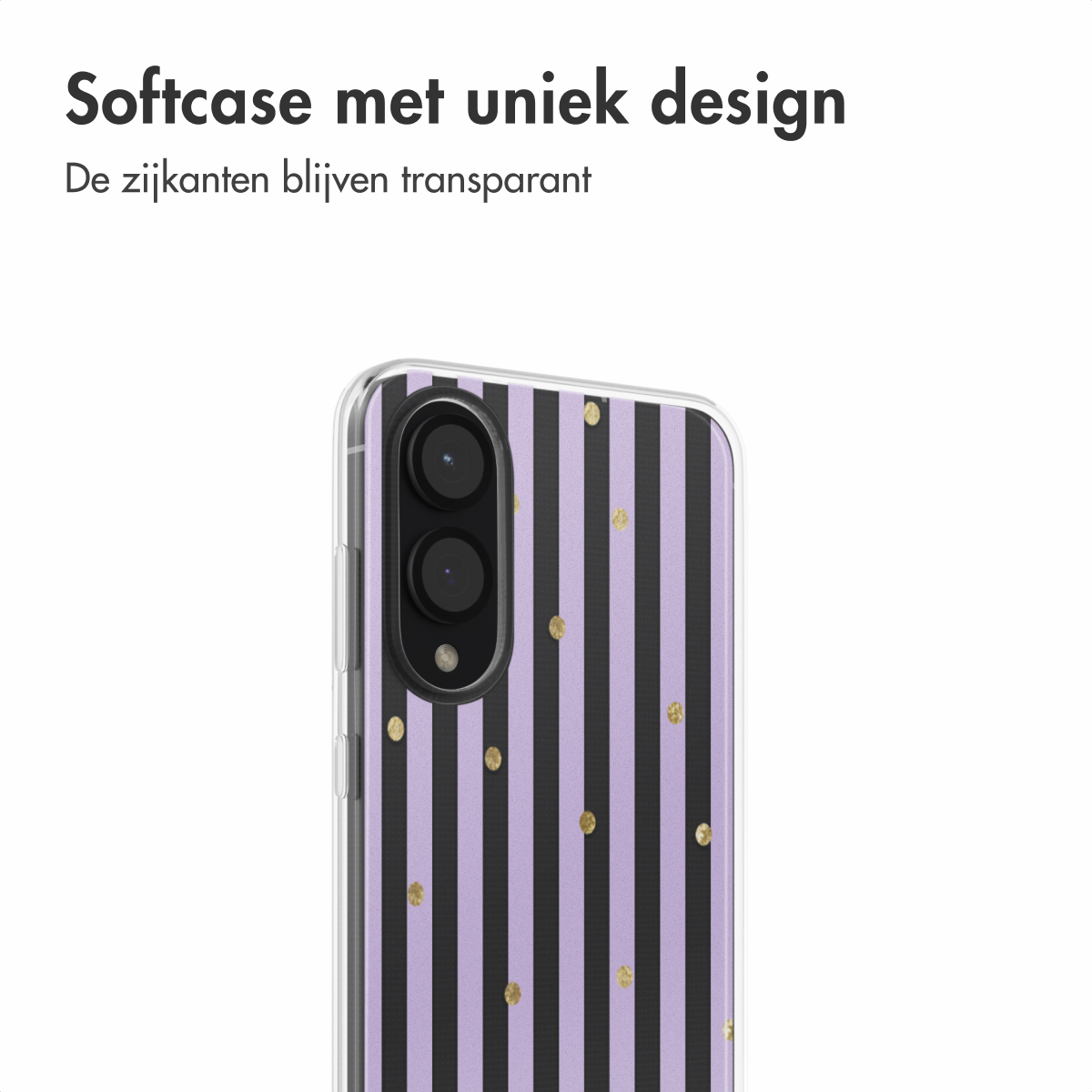 Close-up van een telefoonhoesje met zwart-paarse strepen en gouden stippen. De hoes bedekt de telefoon.