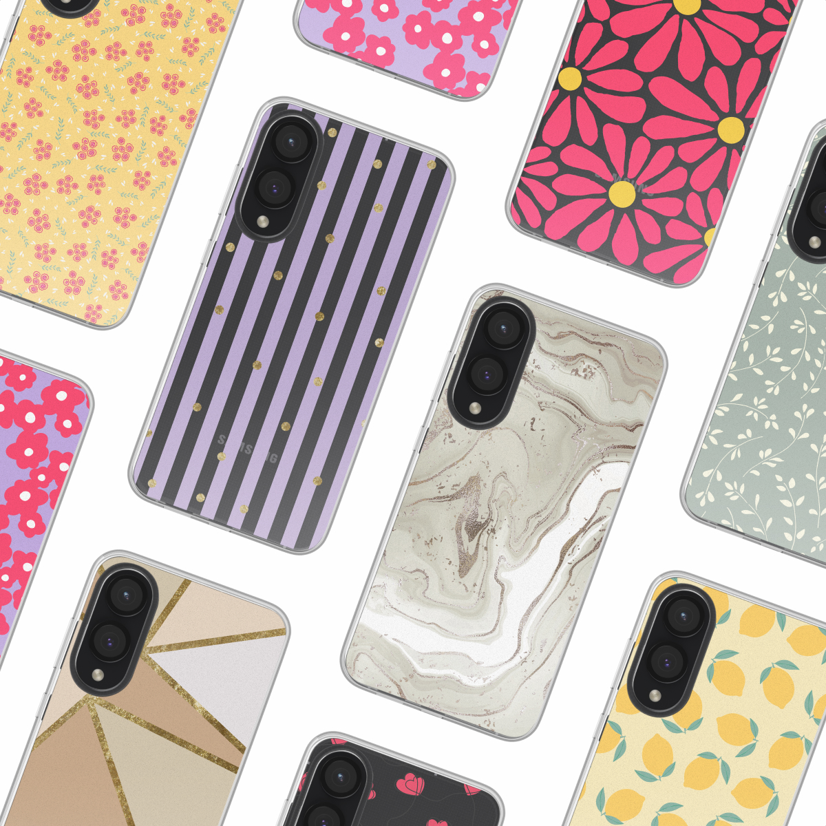 Een verzameling telefoonhoesjes met verschillende ontwerpen: bloemen, strepen, marmer en citroenen.