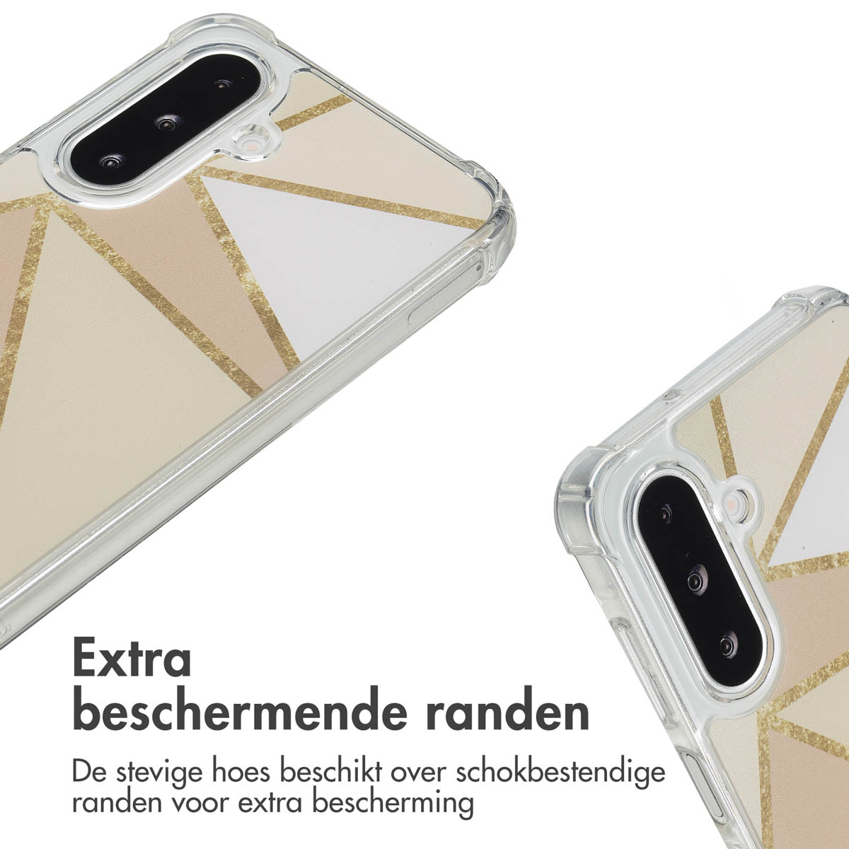 Close-up of two phone cases. They have a geometric design with beige, white, and gold colors. Extra protective edges are visible.