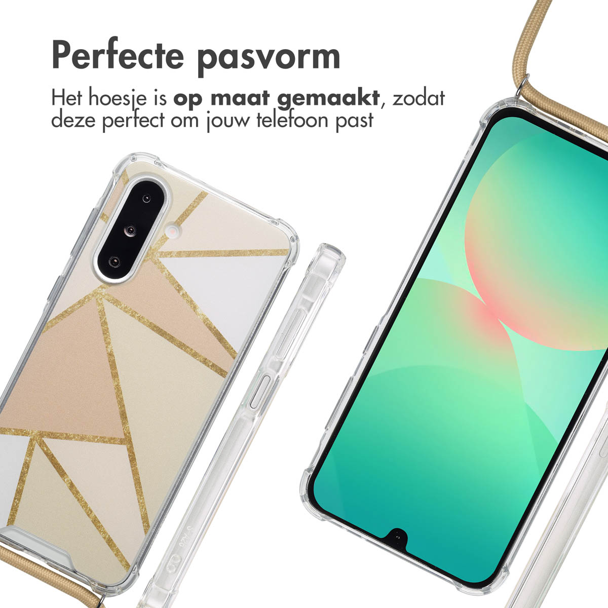 Two phones, one with a geometric case. Both have clear protective edges.