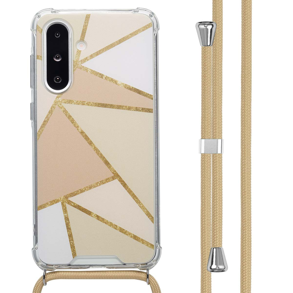 Phone case with a geometric beige, white, and gold design. It is attached to a tan phone strap with silver hardware.