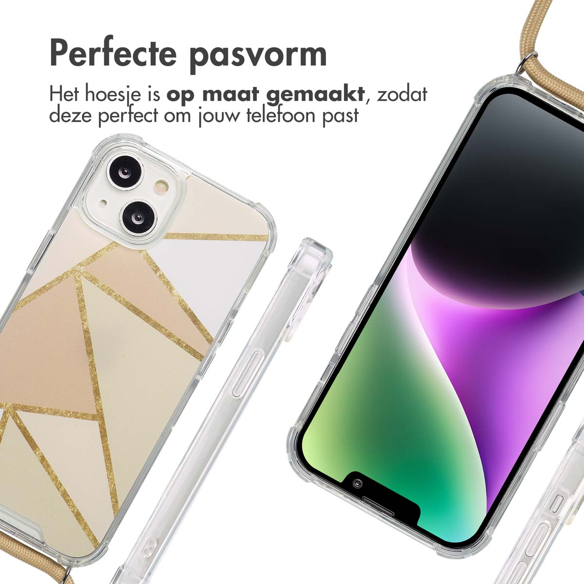 Twee telefoons met hoesjes worden getoond. Eén hoesje heeft een geometrisch ontwerp met gouden lijnen, de andere heeft een roze scherm.