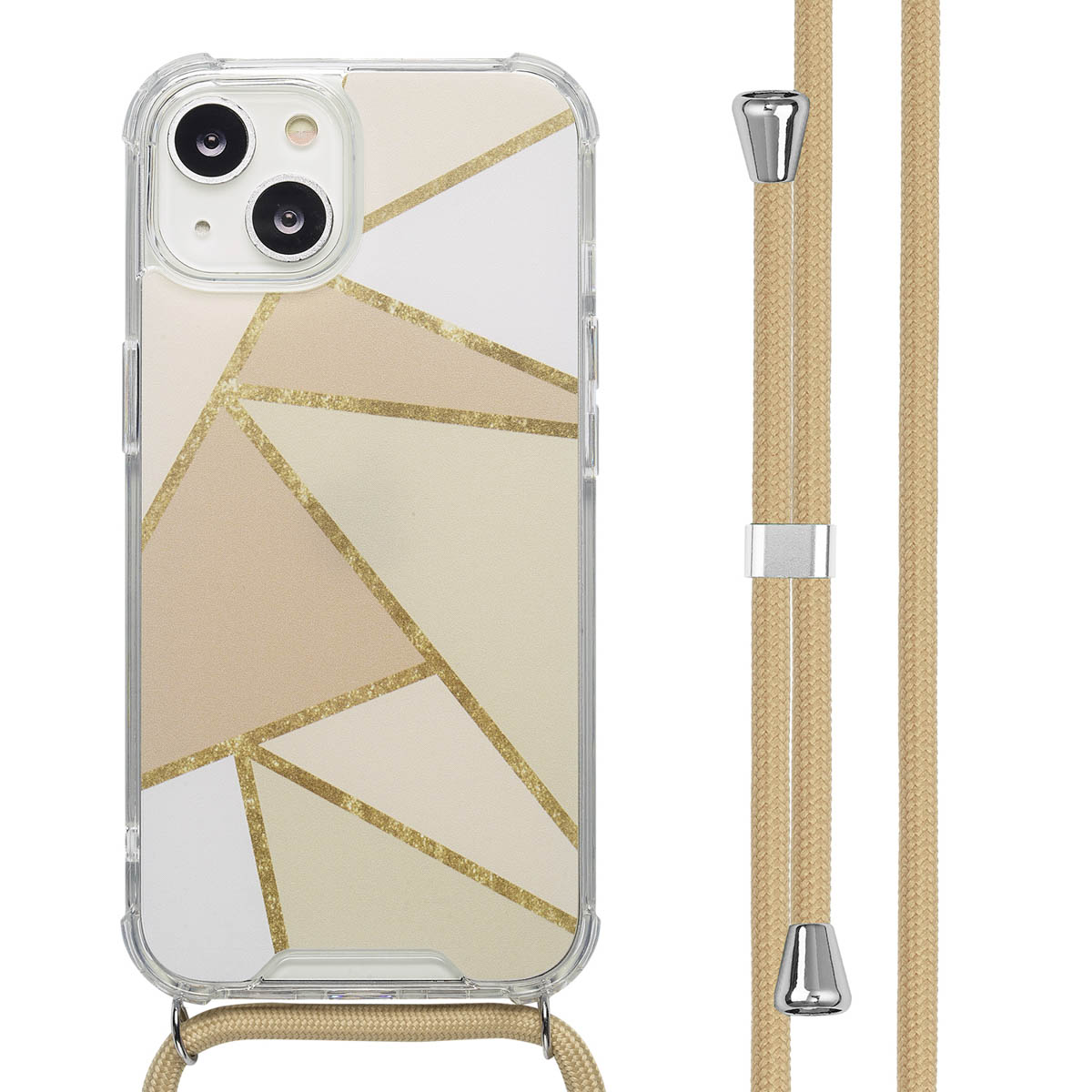 Telefoonhoesje met een geometrisch beige, wit en goud ontwerp. Het is bevestigd aan een bruine telefoonriem met zilverkleurige hardware.
