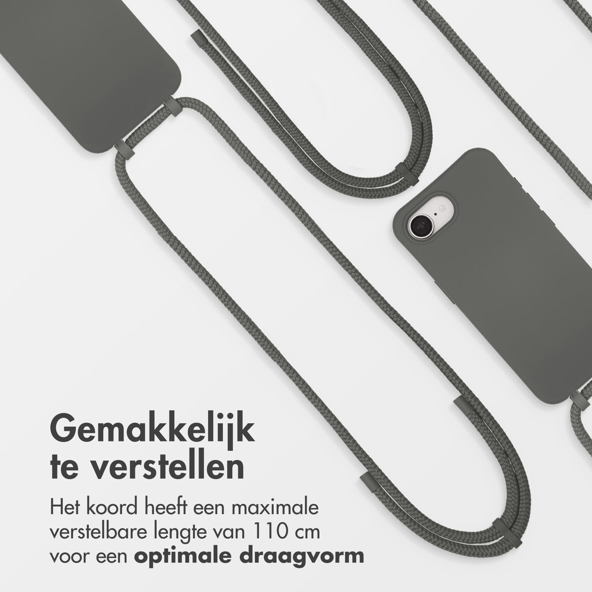 Er worden twee grijze telefoonhoesjes en -riemen getoond. De hoesjes en riemen liggen op een wit oppervlak.