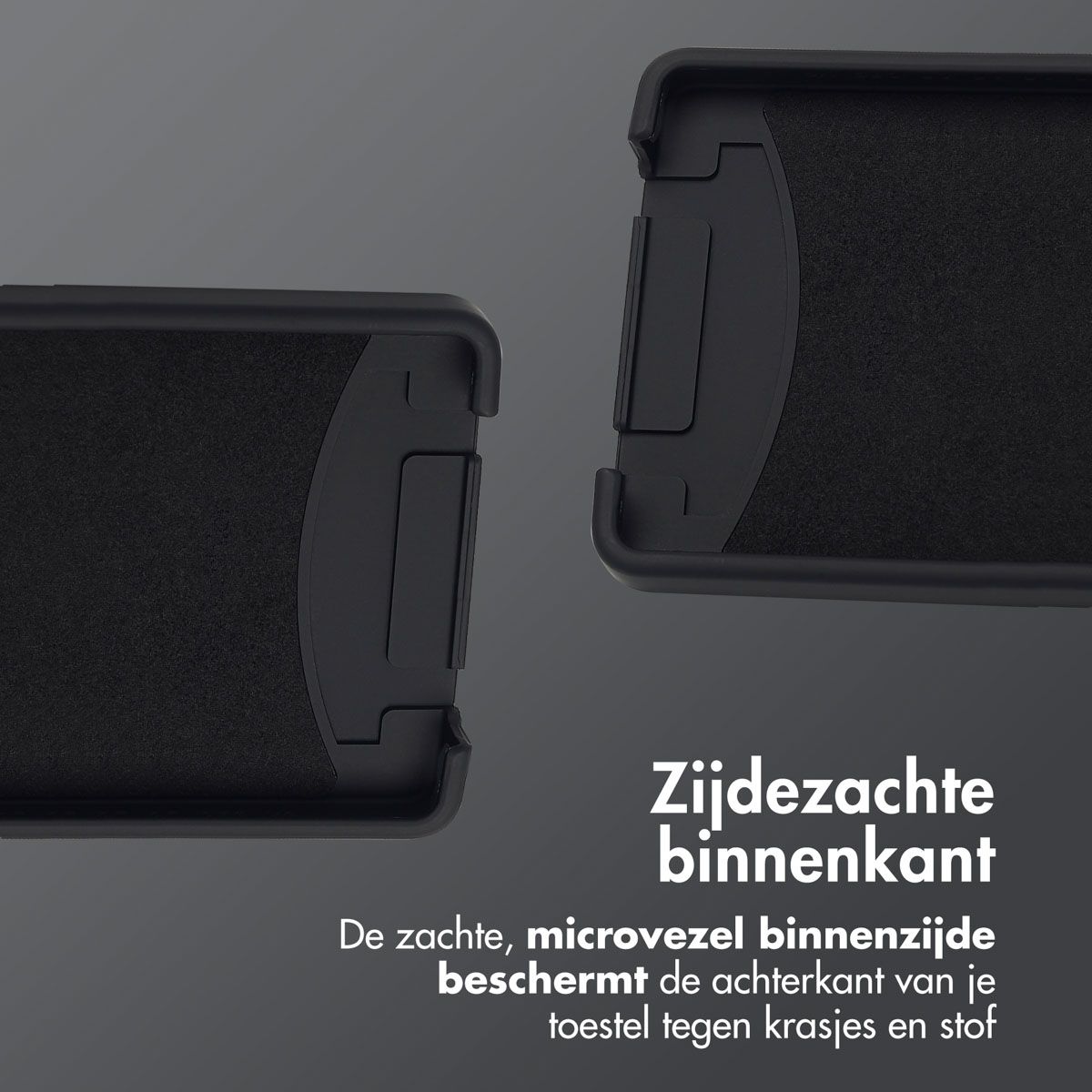 Close-up van telefoonhoesje. Tekst: Zachte binnenkant.