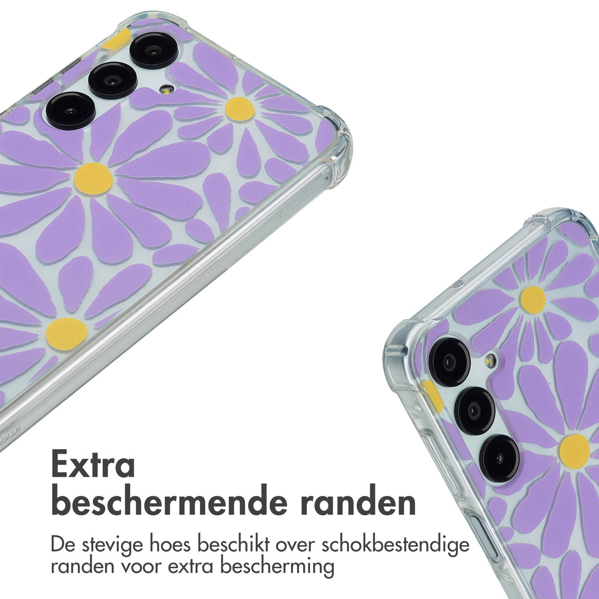 Close-up van twee telefoonhoesjes met madeliefpatronen. De hoesjes zijn transparant met paarse bloemen en gele centra.