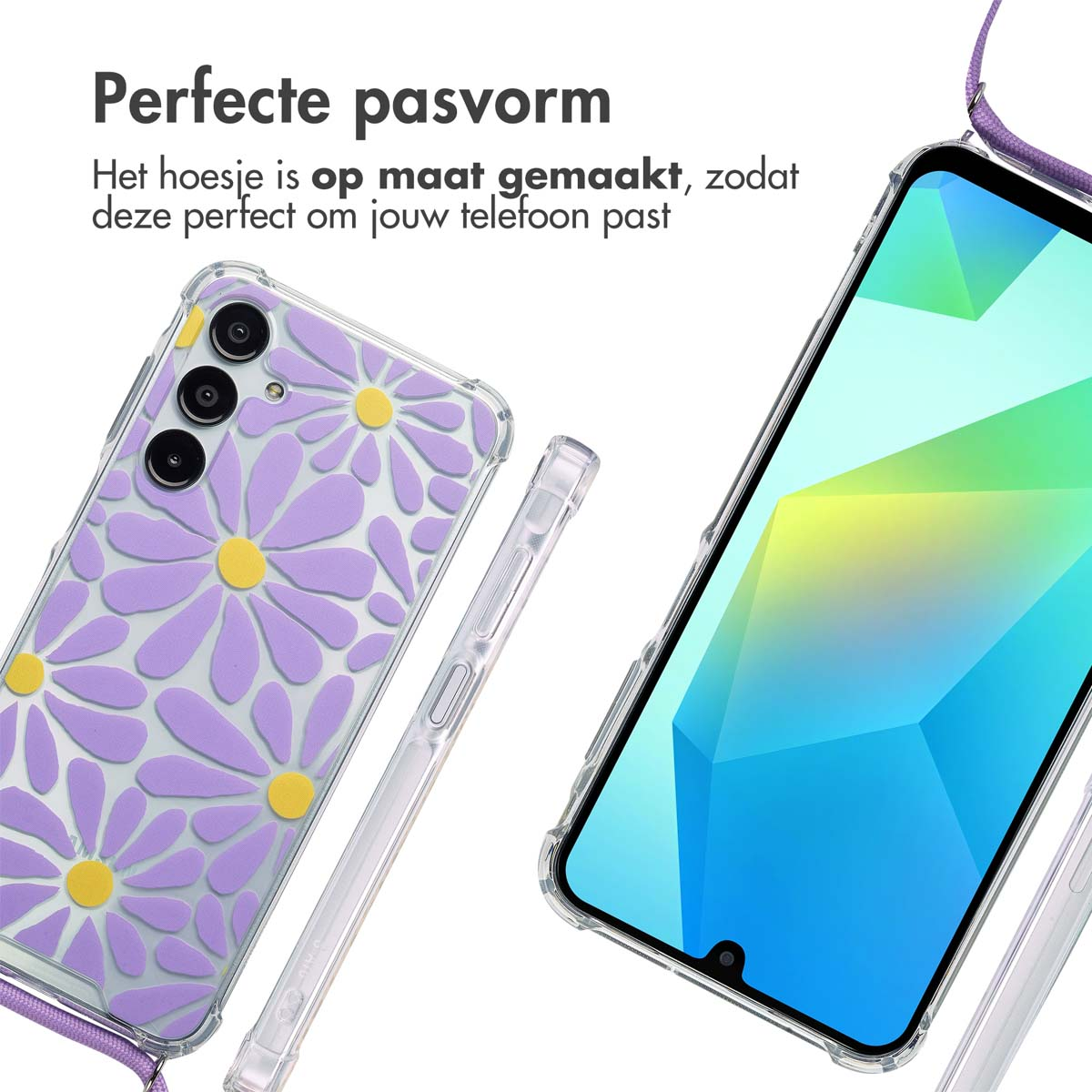 Telefoonhoesje met paars madeliefontwerp en telefoon. Tekst: Perfecte pasvorm.