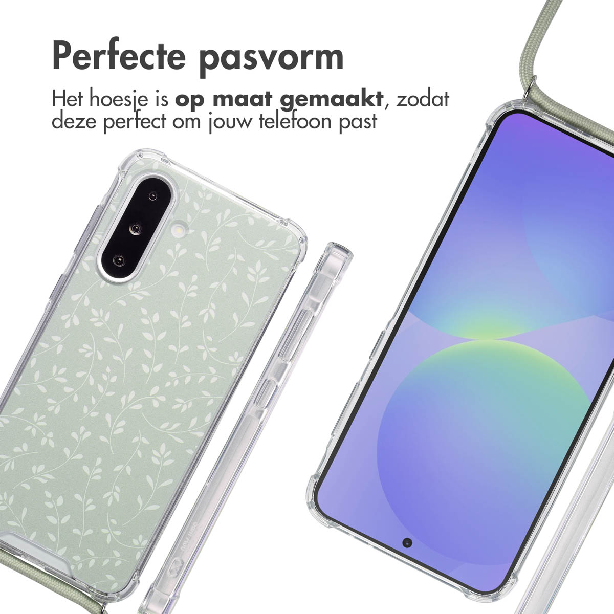 Deux téléphones avec étuis. Motif de feuilles vertes sur l'un, autre téléphone ouvert. Fond blanc.
