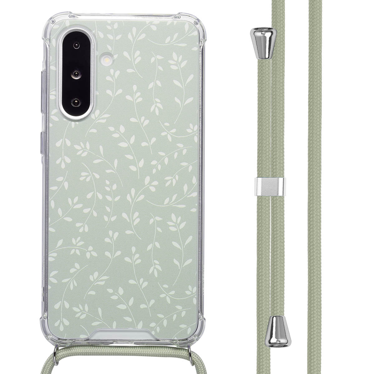 Coque de téléphone avec des feuilles blanches sur vert clair. Un cordon vert est attaché. La coque a un bord clair.