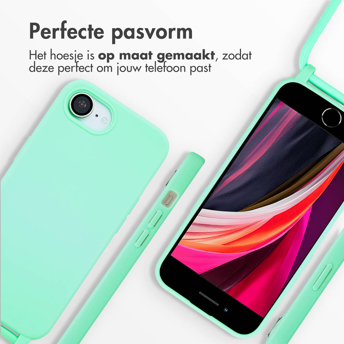 Twee telefoonhoesjes, één groen, één zwart. Het zwarte hoesje is open. Tekst: Perfecte pasvorm.