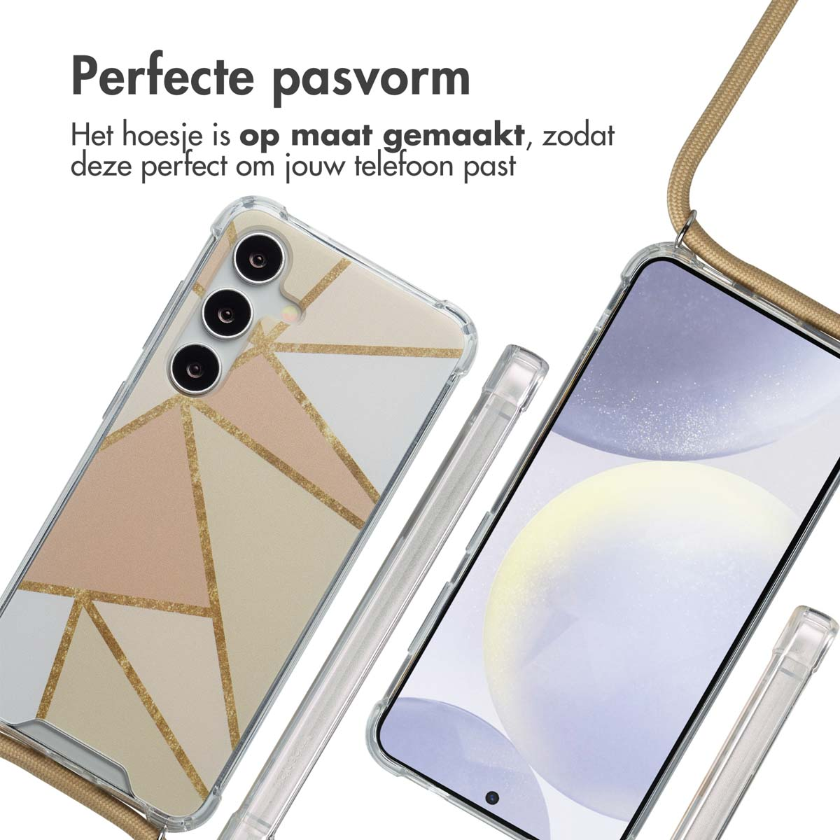 Deux coques de téléphone. Celle de gauche a un motif géométrique. L'autre est transparente. Texte : Ajustement parfait.