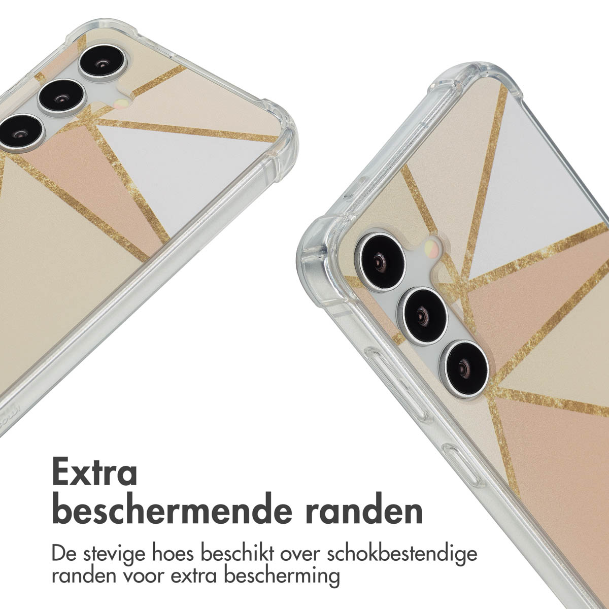 Deux coques de téléphone avec motif géométrique. Couleurs rose, beige et blanc. Fond blanc.