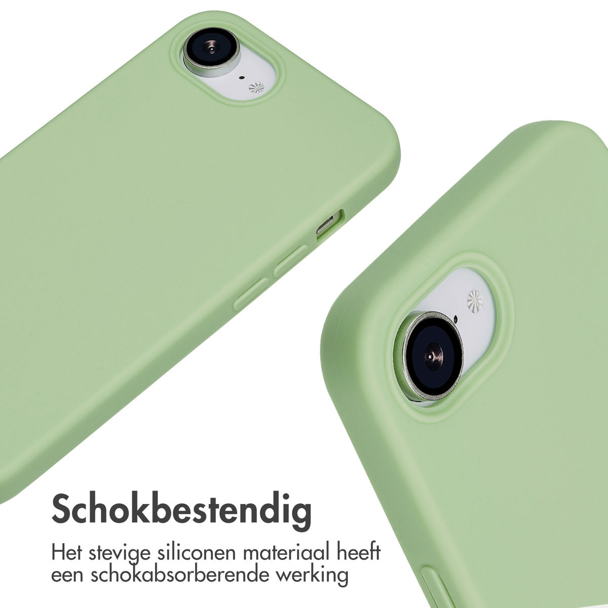 Deux coques de téléphone vertes. Texte : Antichoc. Le matériau en silicone a un effet d'absorption des chocs.