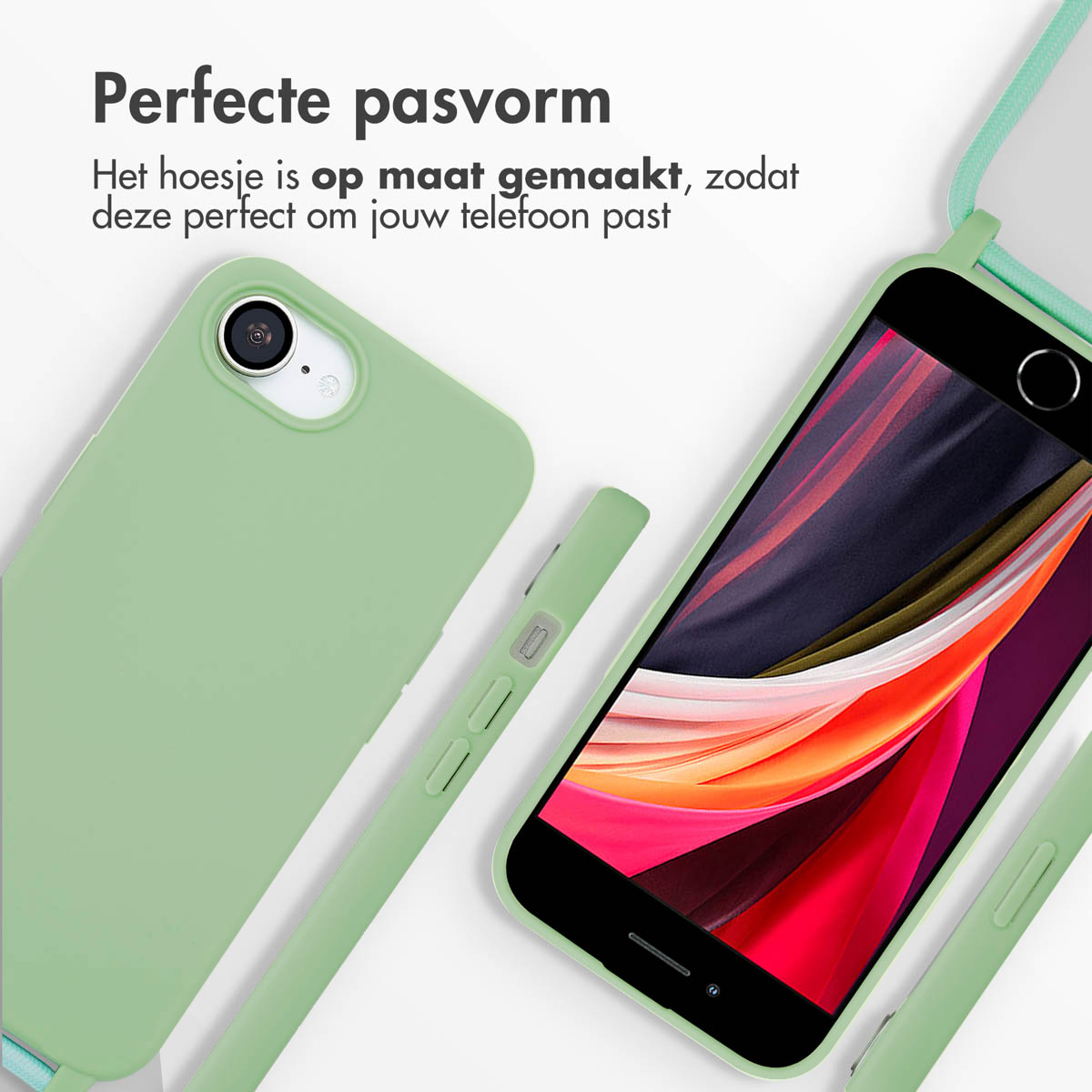 Coque de téléphone de couleur verte et téléphone. Texte : Ajustement parfait.