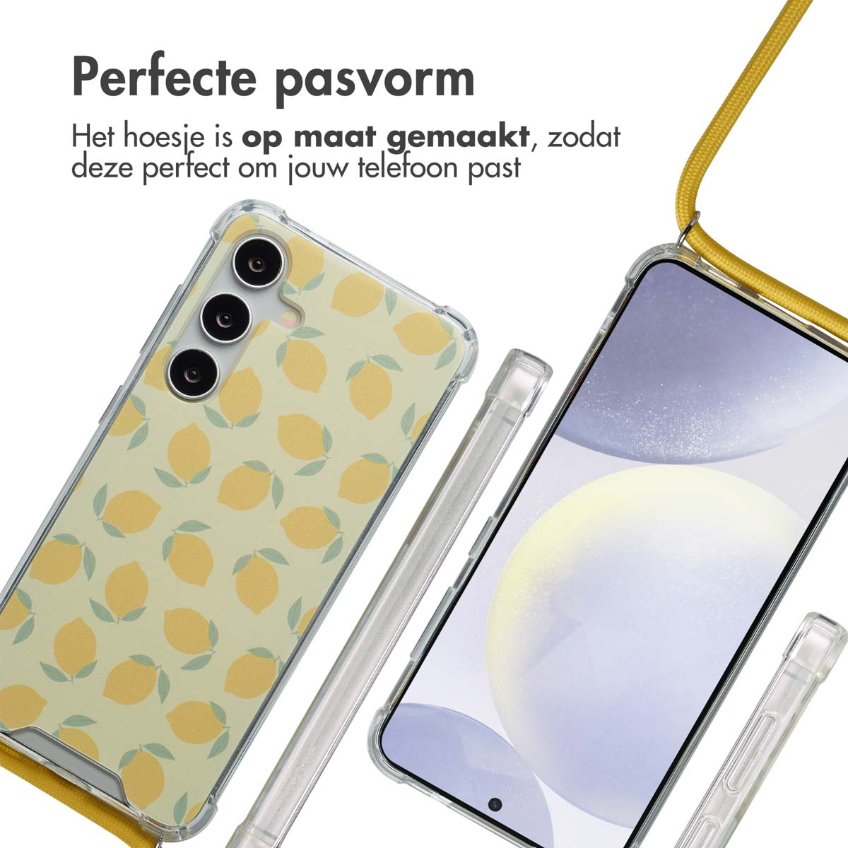 Twee telefoonhoesjes, één met gele citroenen, de andere transparant. Tekst: Perfecte pasvorm.