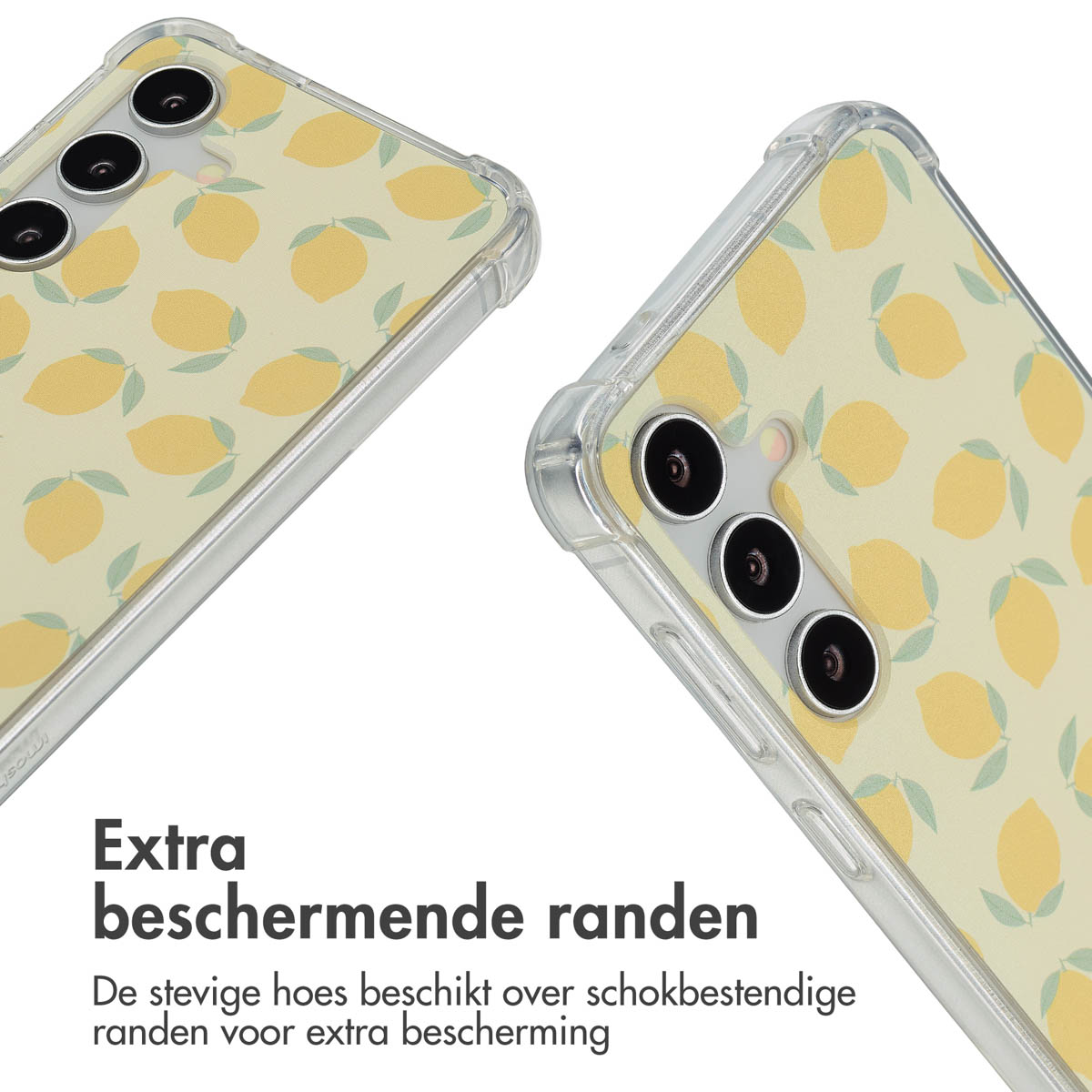 Twee telefoonhoesjes, beide met gele citroenen. Beide hebben transparante randen. Tekst: Extra beschermende randen.