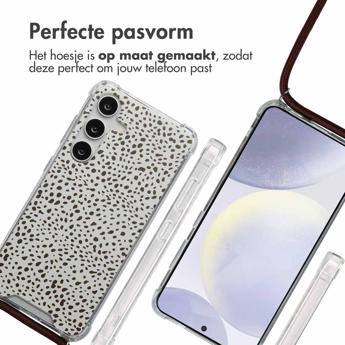 Deux coques de téléphone. L'une a un motif de points bruns. L'autre est transparente. Texte : Ajustement parfait.