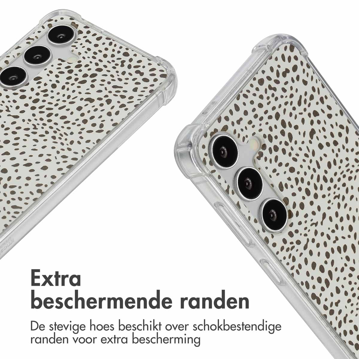 Deux coques de téléphone avec des taches marron sur fond blanc, bords clairs et caméras.
