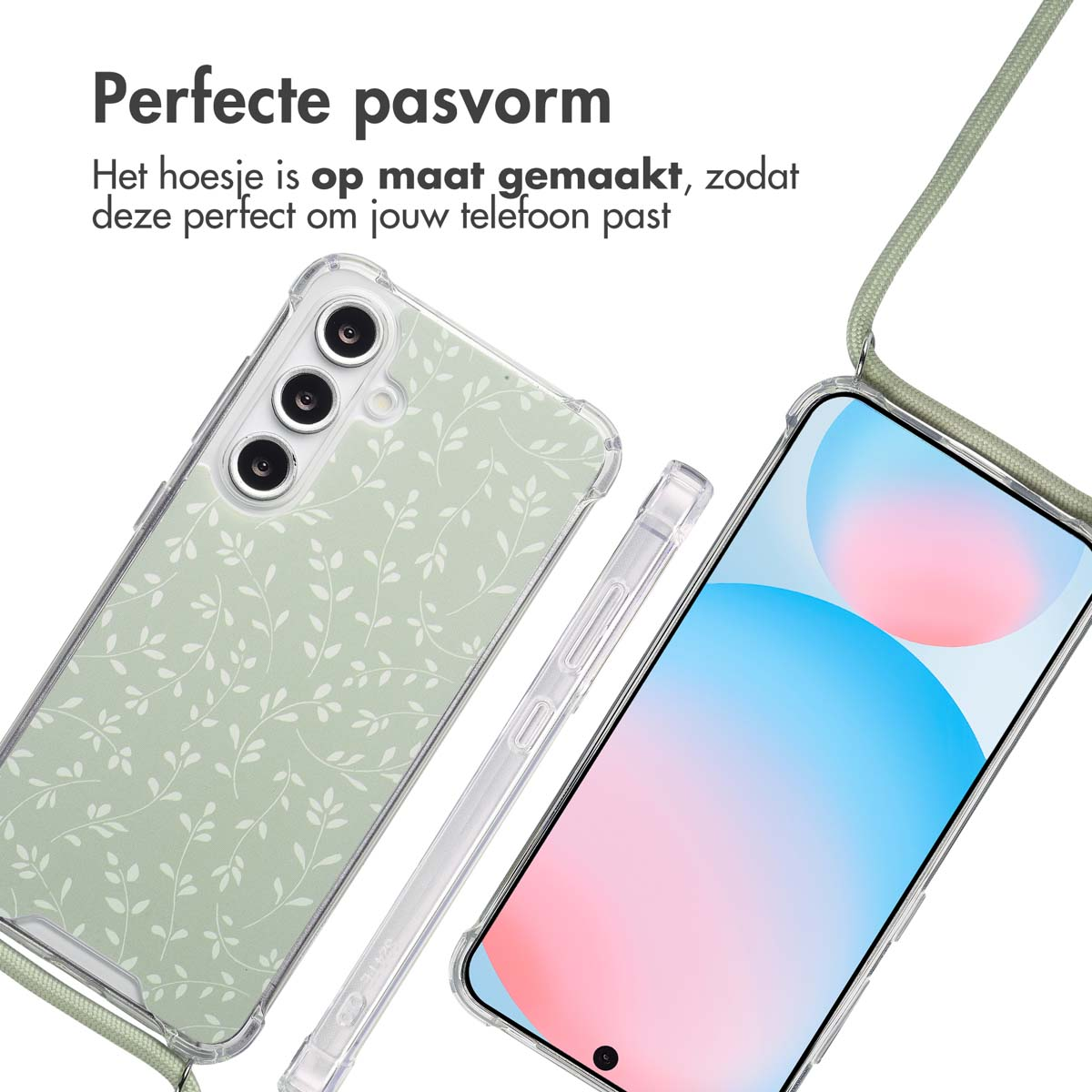 Deux coques de téléphone, une avec un motif de feuilles vertes, l'autre transparente, avec un écran bleu et rose.
