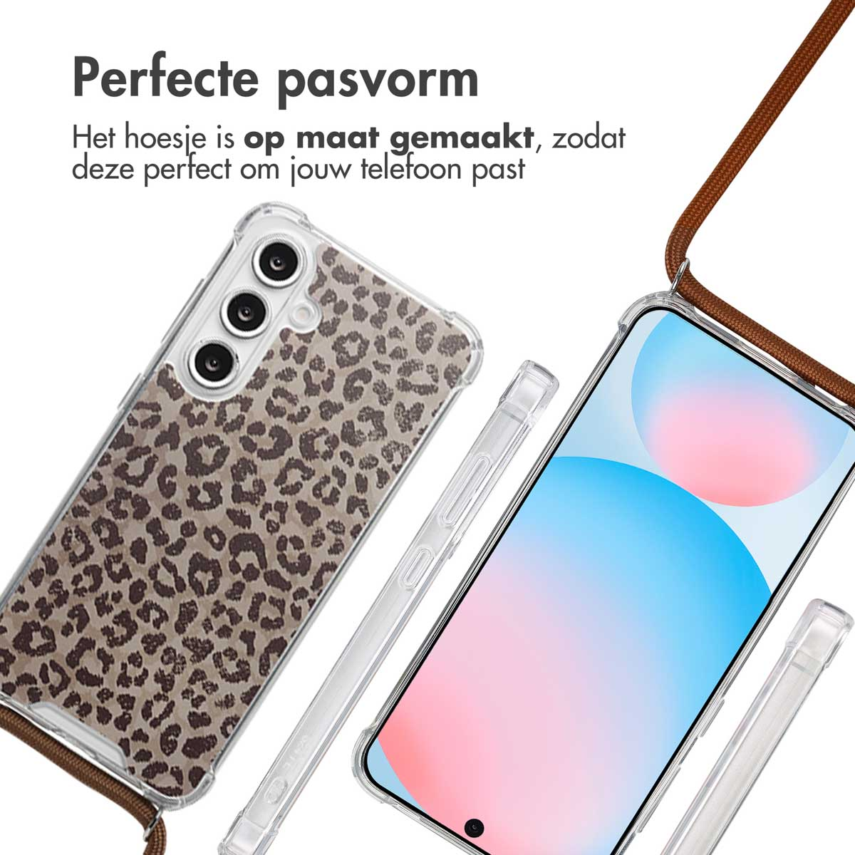 Deux coques de téléphone, une avec un imprimé léopard, l'autre transparente, et un téléphone avec écran bleu.