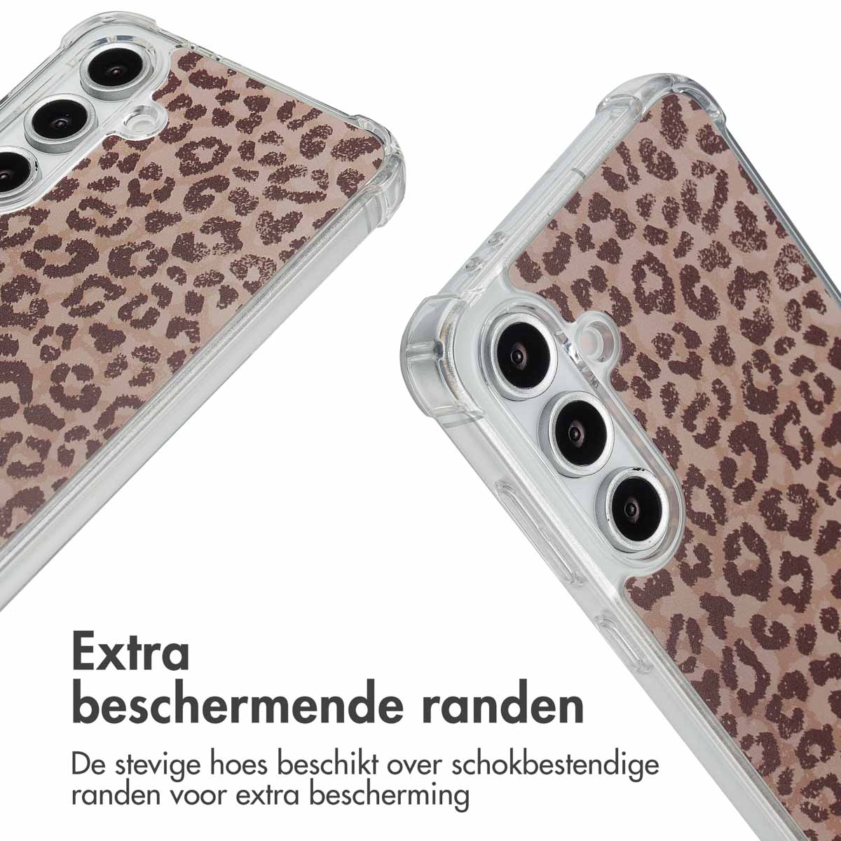 Deux coques de téléphone, une avec un imprimé léopard marron, l'autre avec des bords transparents. Les deux ont des caméras.