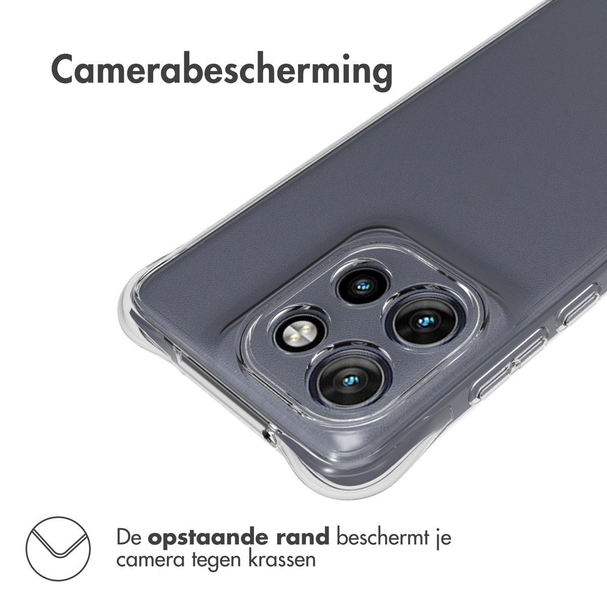 Close-up van een hoek van een telefoonhoesje. De case is transparant en toont de cameralenzen van de telefoon.