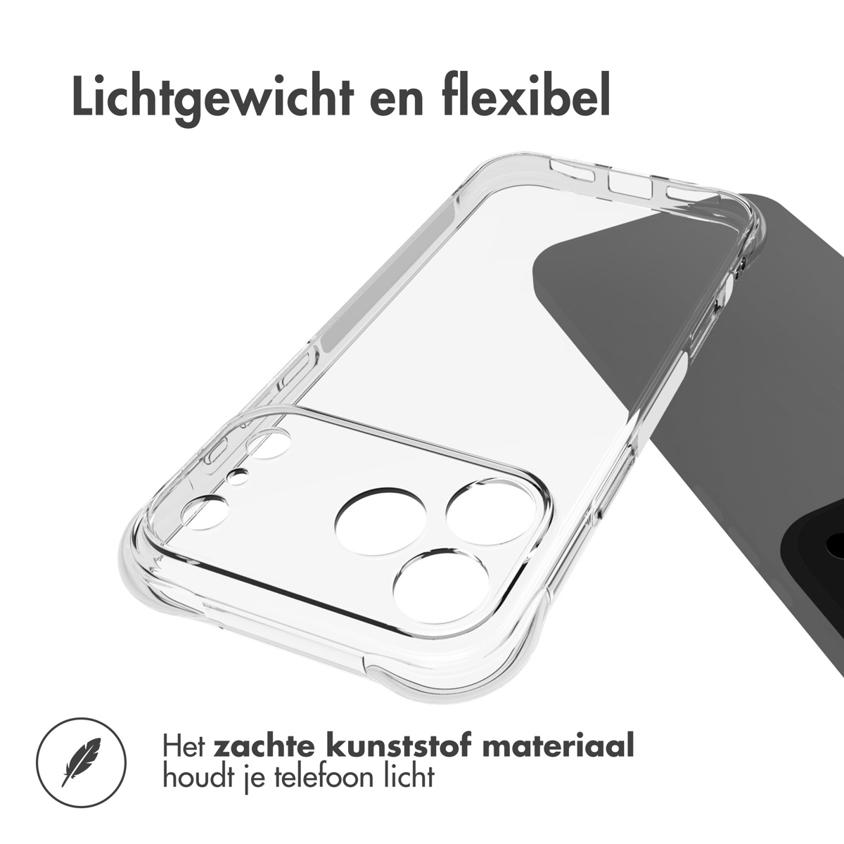 Clear phone case and a dark grey phone, the case is around the phone. The text says lightweight and flexible.