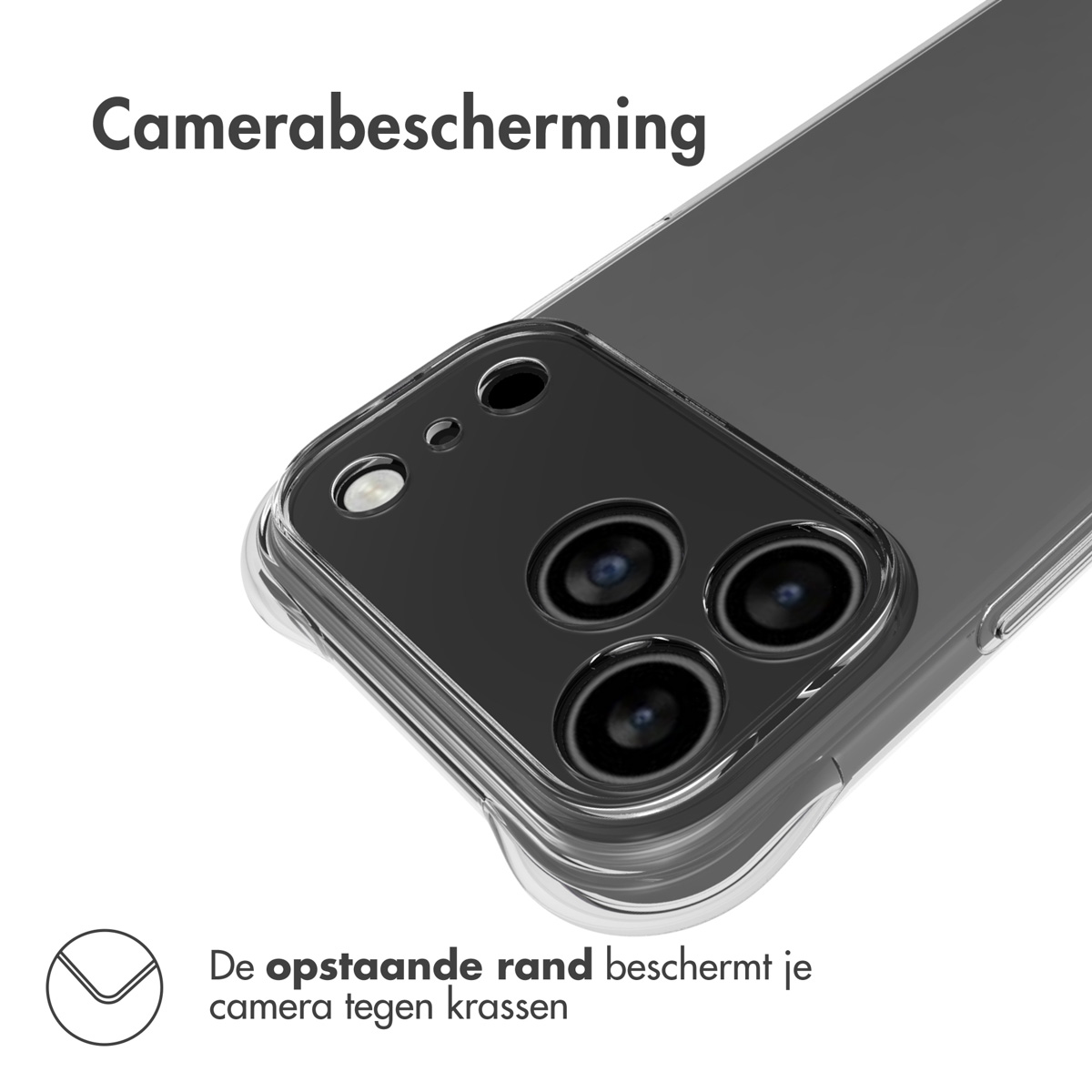 Clear phone case with camera lens protection. Text reads 'Camerabescherming'.