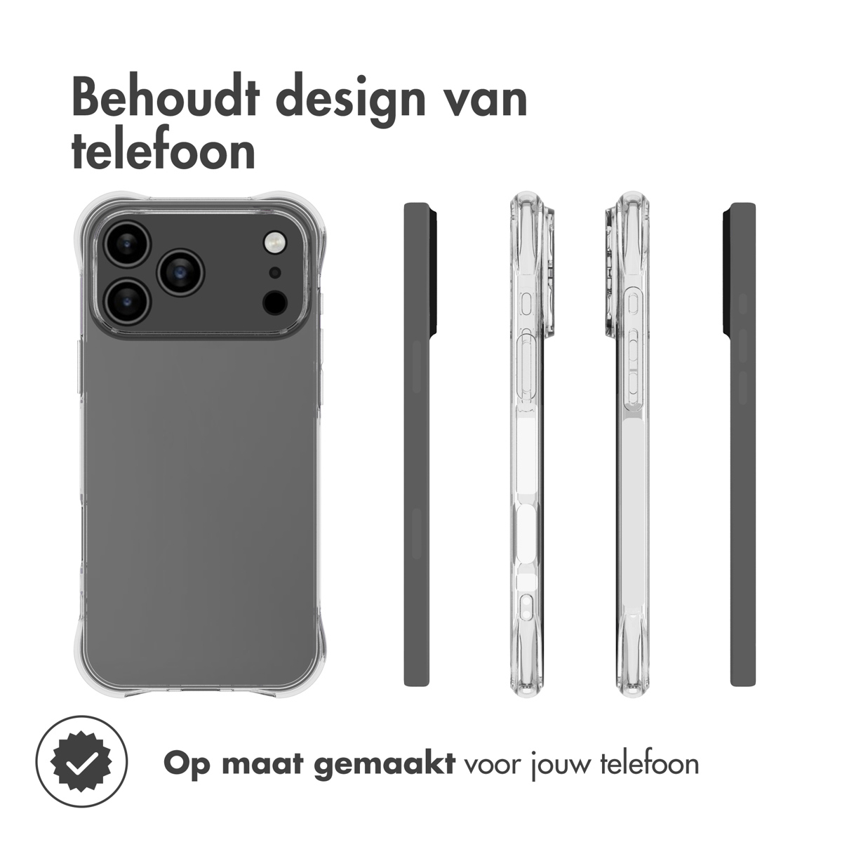Phone case in multiple views. Text reads 'Behoudt design van telefoon'.