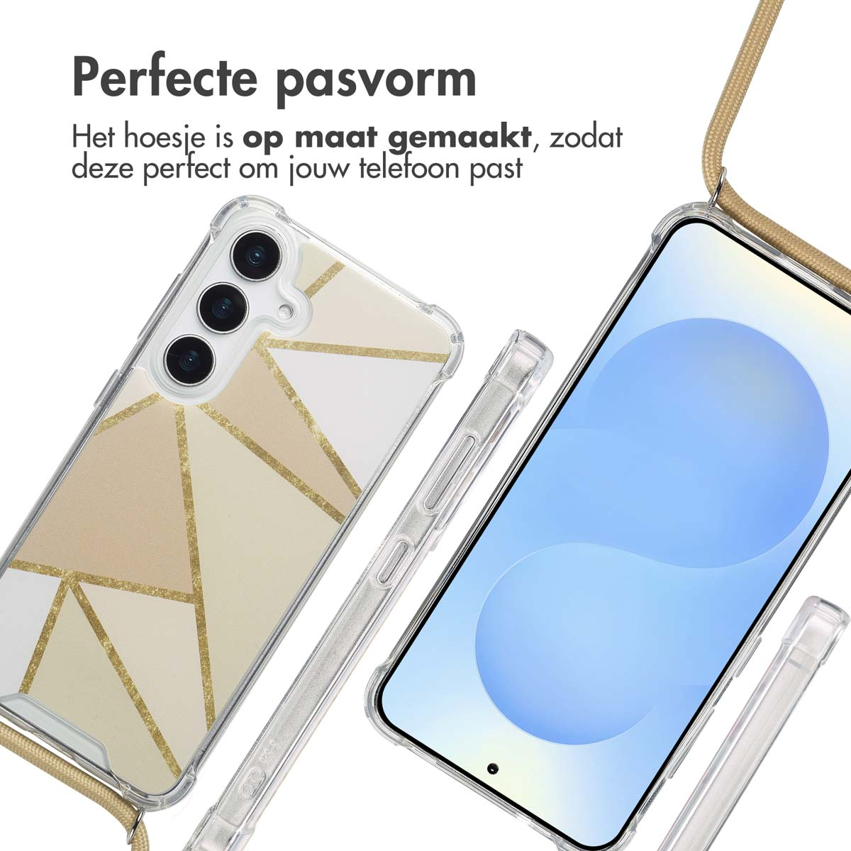 Telefoonhoesje met koord, in close-up. Tekst: 'Perfecte pasvorm'.