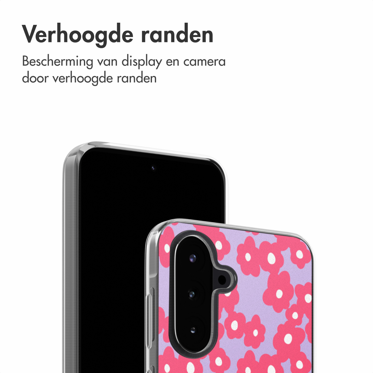 Telefoon in een transparante hoes met roze bloemen. De hoes beschermt het scherm en de camera.