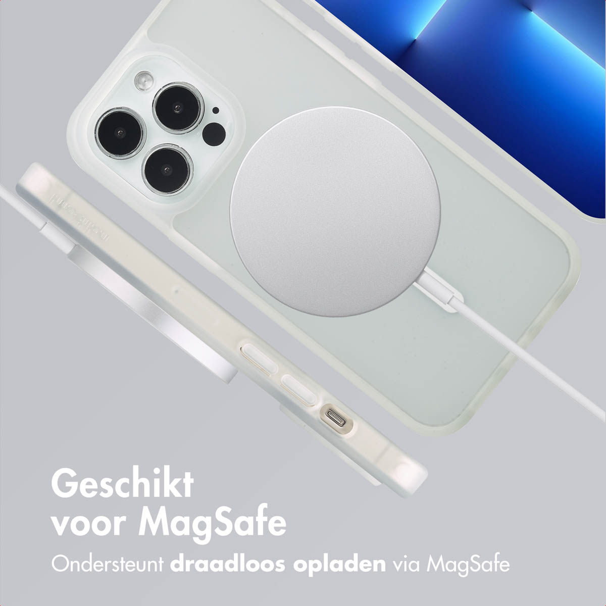 Telefoonhoesje en oplader. Tekst: 'Geschikt voor MagSafe'.