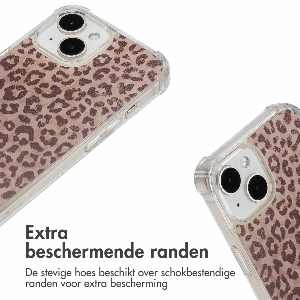 Deux coques de téléphone à imprimé léopard. Le texte met en évidence les bords de protection supplémentaires.