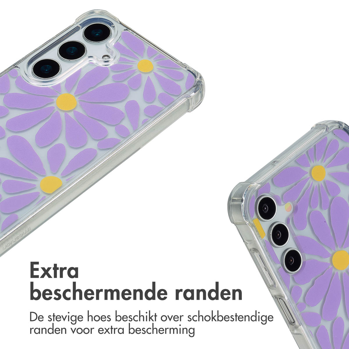 Custodia viola con fiori di margherita gialli. La custodia è trasparente e protegge il telefono.