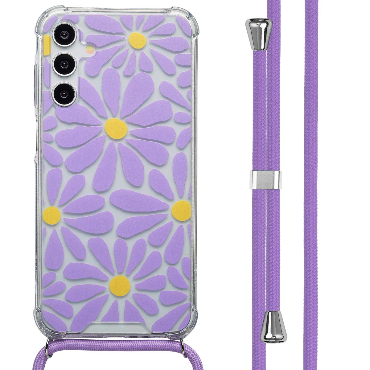 Custodia per telefono a margherita viola con cinturino abbinato. Sfondo bianco.