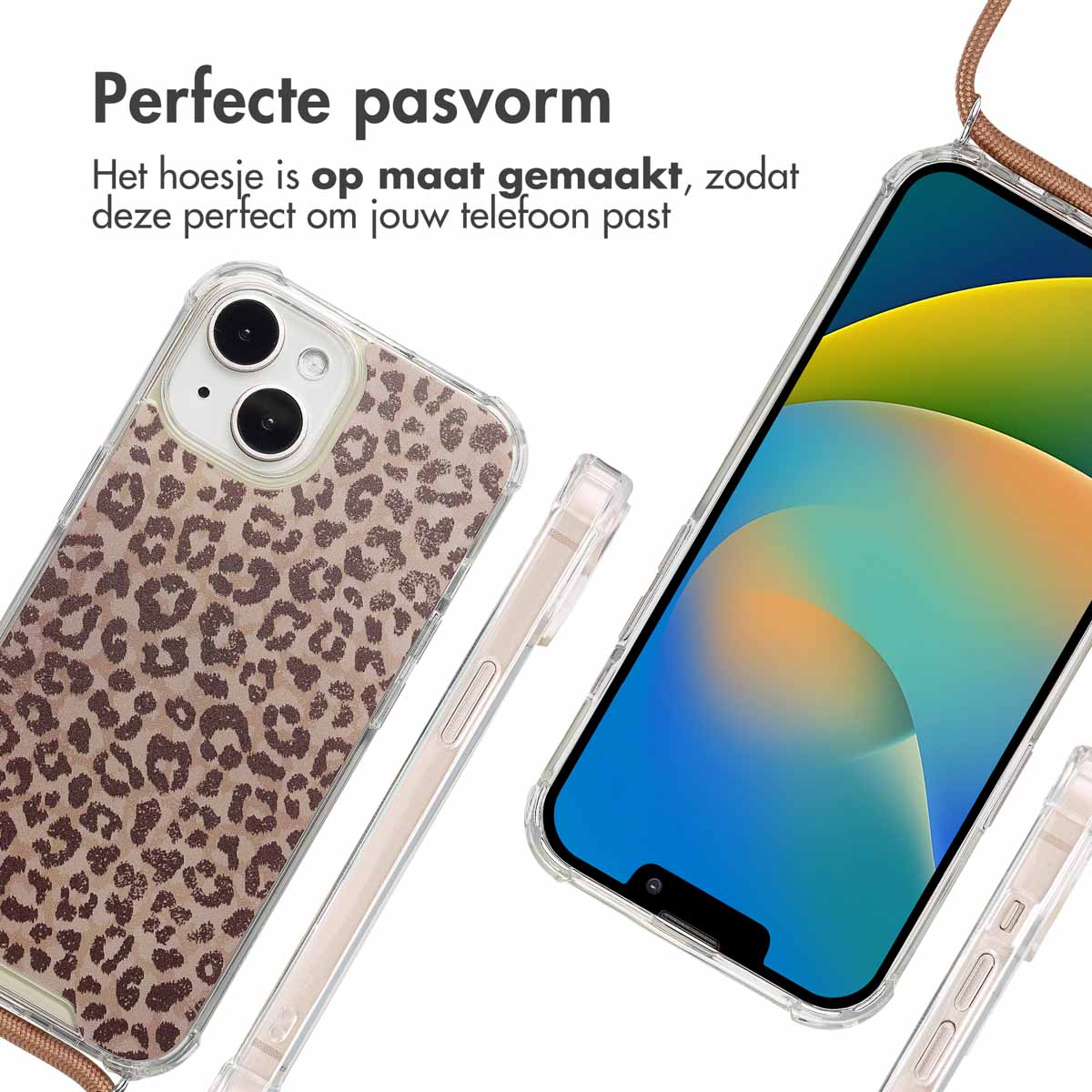 Coques de téléphone à imprimé léopard avec un téléphone. Le texte indique que l'étui s'adapte parfaitement.