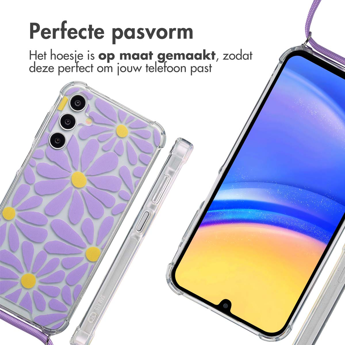 Custodia per telefono a margherita viola con un telefono. Il testo dice che la custodia si adatta perfettamente.