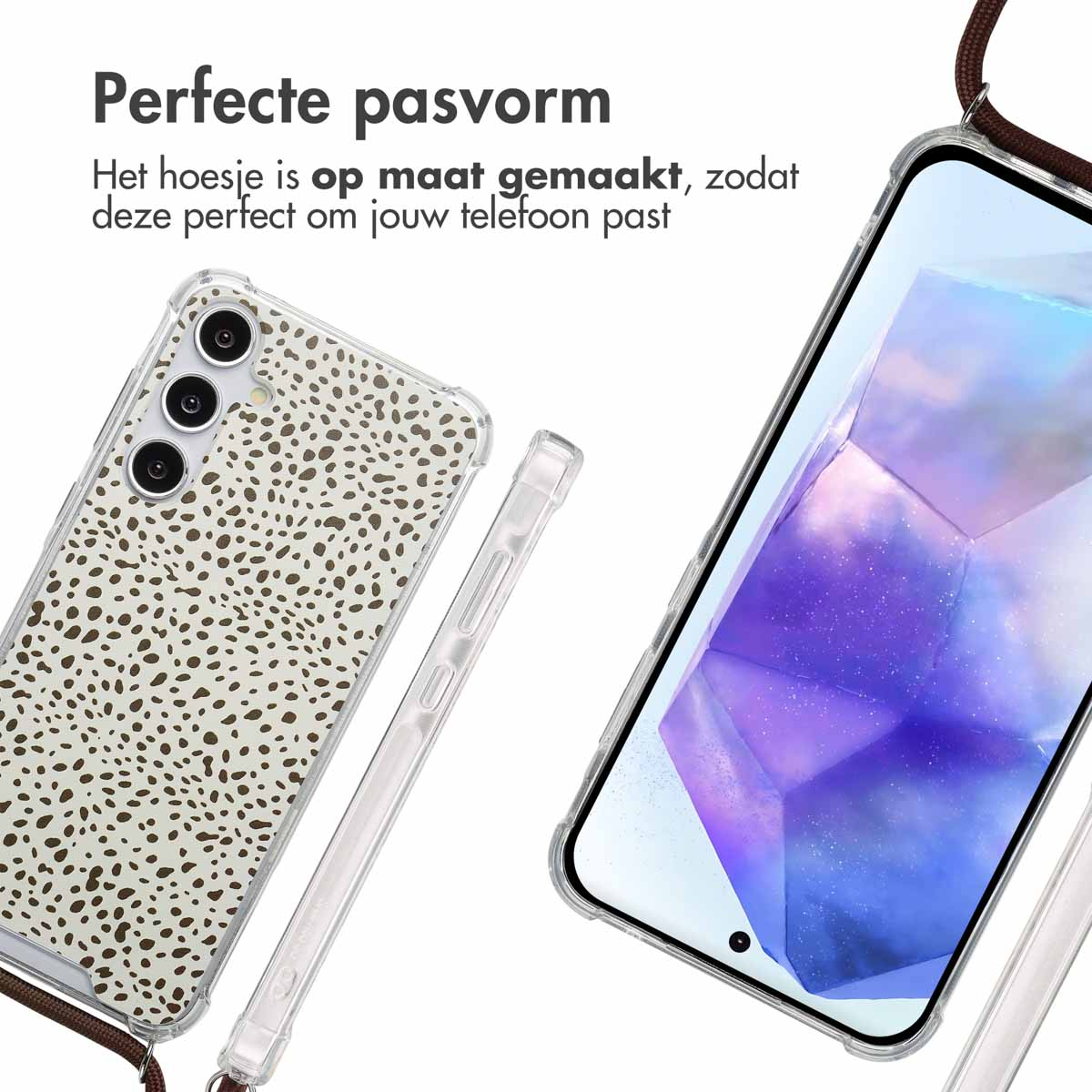 Coque de téléphone avec imprimé dalmatien et un téléphone. Le texte indique que l'étui s'adapte parfaitement.