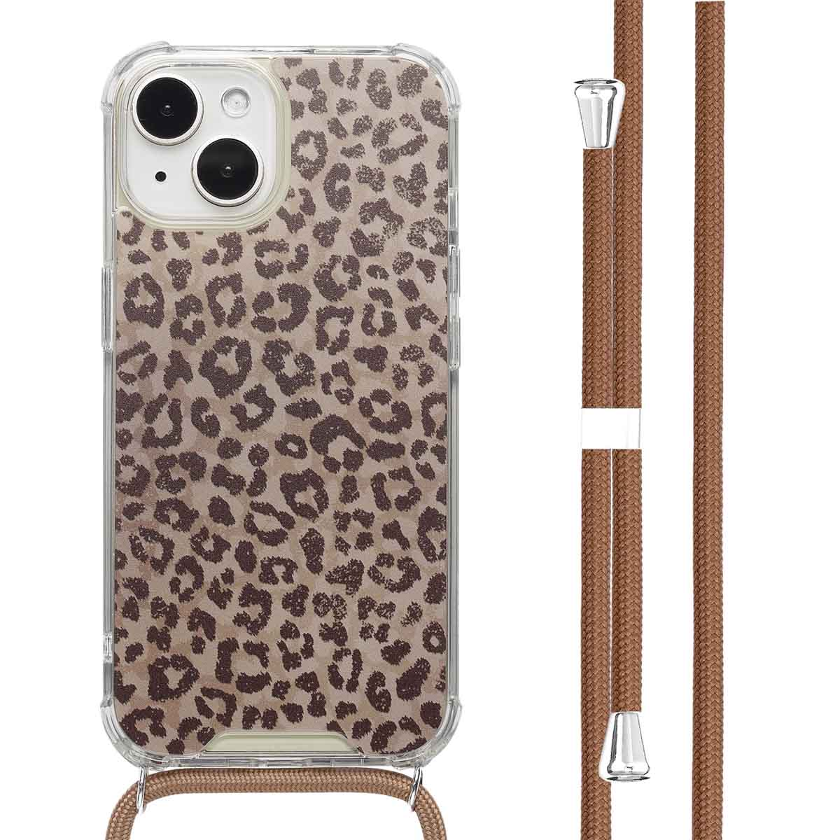 Coque de téléphone à imprimé léopard avec une sangle assortie. Fond blanc.