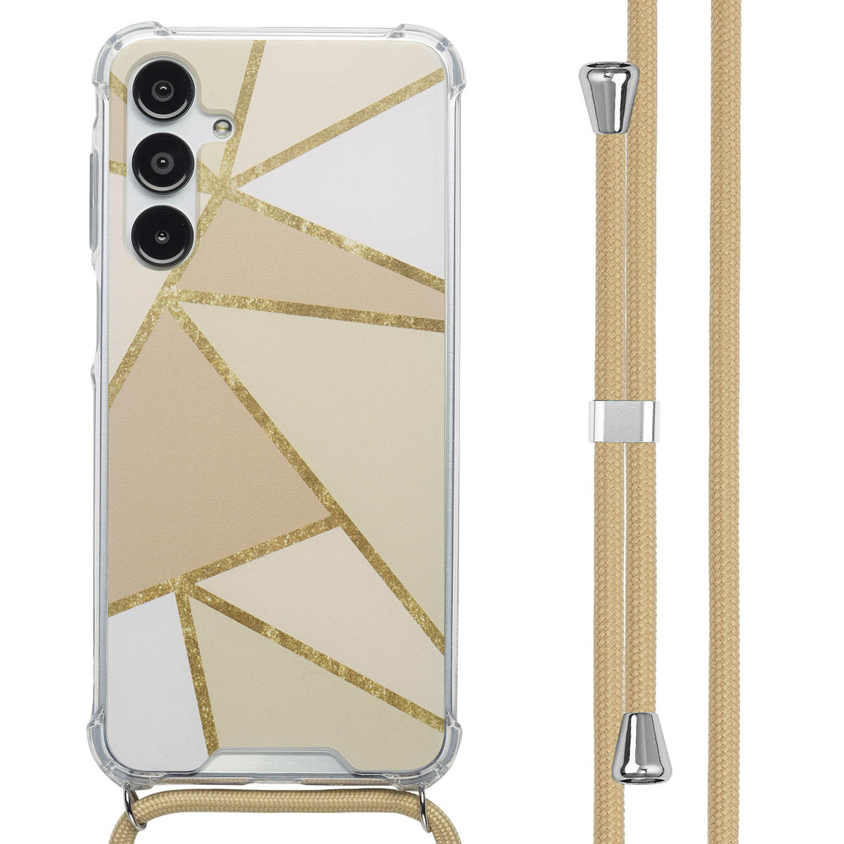 Une coque de téléphone avec un design géométrique or, blanc et beige. Une sangle beige avec des accents argentés pend.